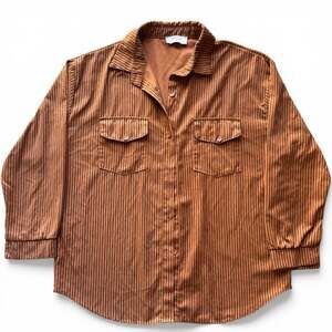 RIHOAS Oversized Brown Vertical Striped Button Down Shirt with Chest Pockets